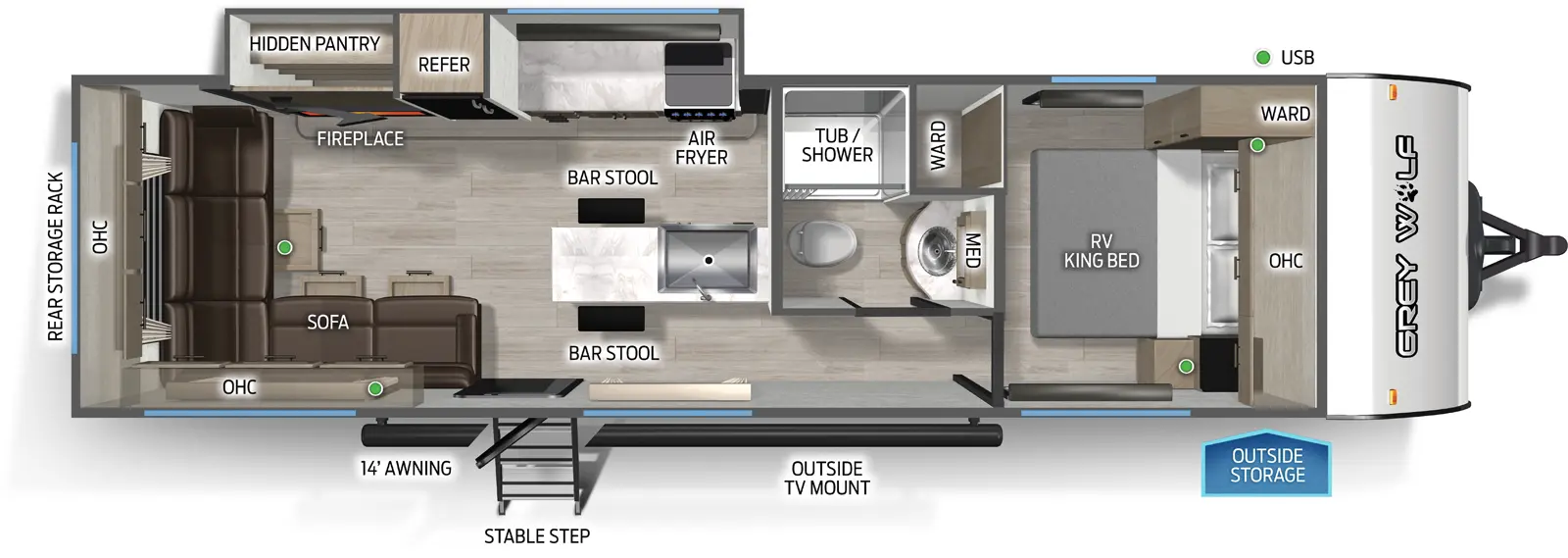 The Grey Wolf 27LH floorplan has one entry and one slide out. Exterior features include: metal exterior and 14' awning. Interiors features include: front bedroom and rear living.